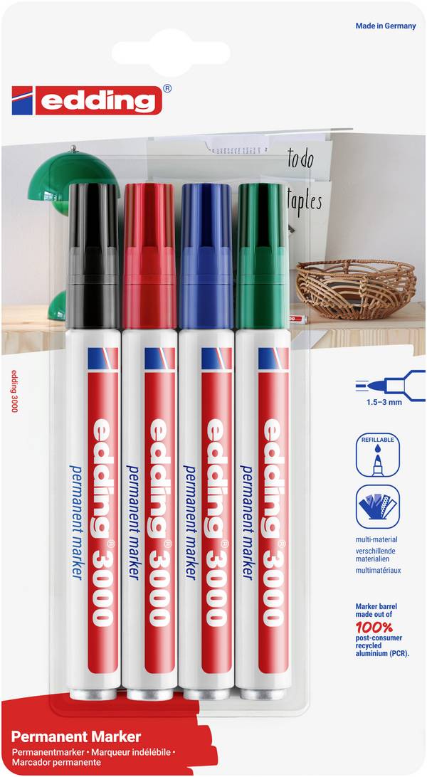 Edding 3000 4-3000-4-1999 Marqueur permanent noir, rouge, bleu, vert résiste à l'eau: oui