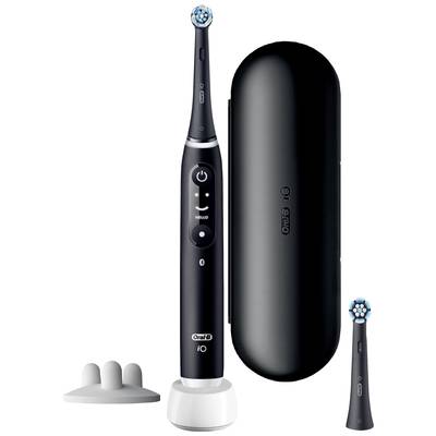 Brosse à dents électrique au design noir brillant, avec tête de brosse de rechange, station de charge et étui noir.