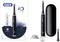 Brosse à dents électrique Oral-B iO Series 6s en noir, avec étui et station de charge, présentée sur l'emballage à gauche et le produit à droite.