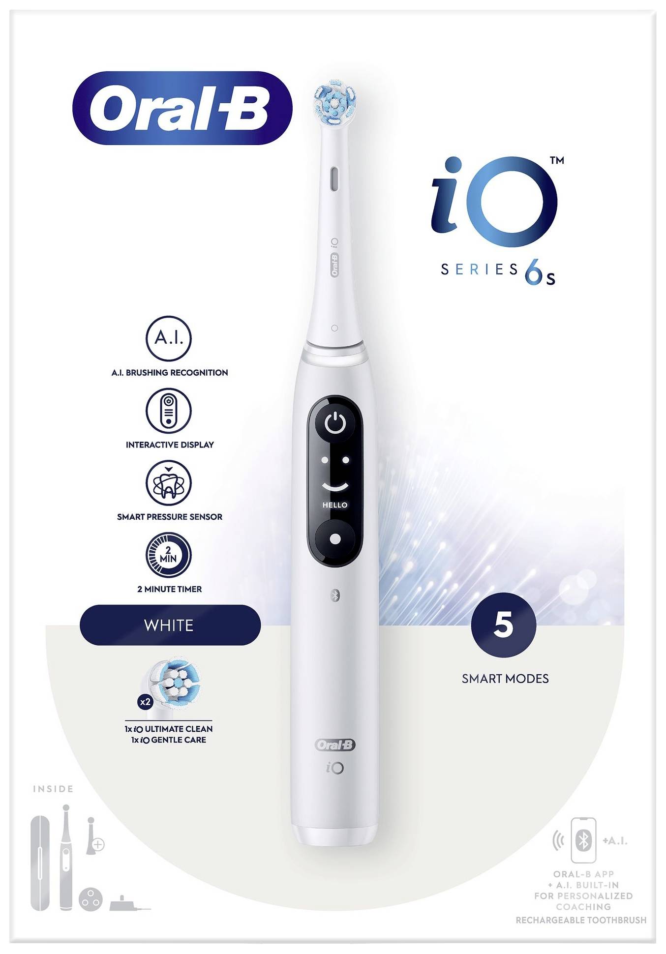 Brosse à dents Oral-B iO Series 6s en Blanc ; Caractéristiques : Reconnaissance A.I. du brossage, écran interactif, capteur de pression, 5 modes, minuterie de 2 minutes.