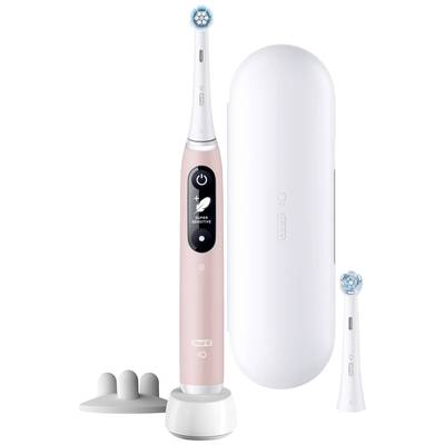 Brosse à dents électrique avec étui de voyage blanc, manche rose et tête de brosse interchangeable.
