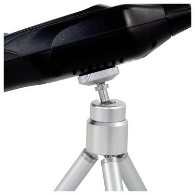 Gros plan d'un dispositif noir monté sur une tête de trépied réglable en argent, montrant la vis de montage et les pieds du trépied.