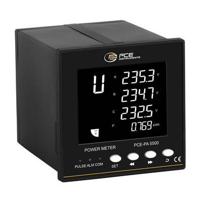 Compteur d'électricité PCE Instruments noir affichant les lectures de tension pour les phases A, B et C et la consommation d'énergie en kWh.