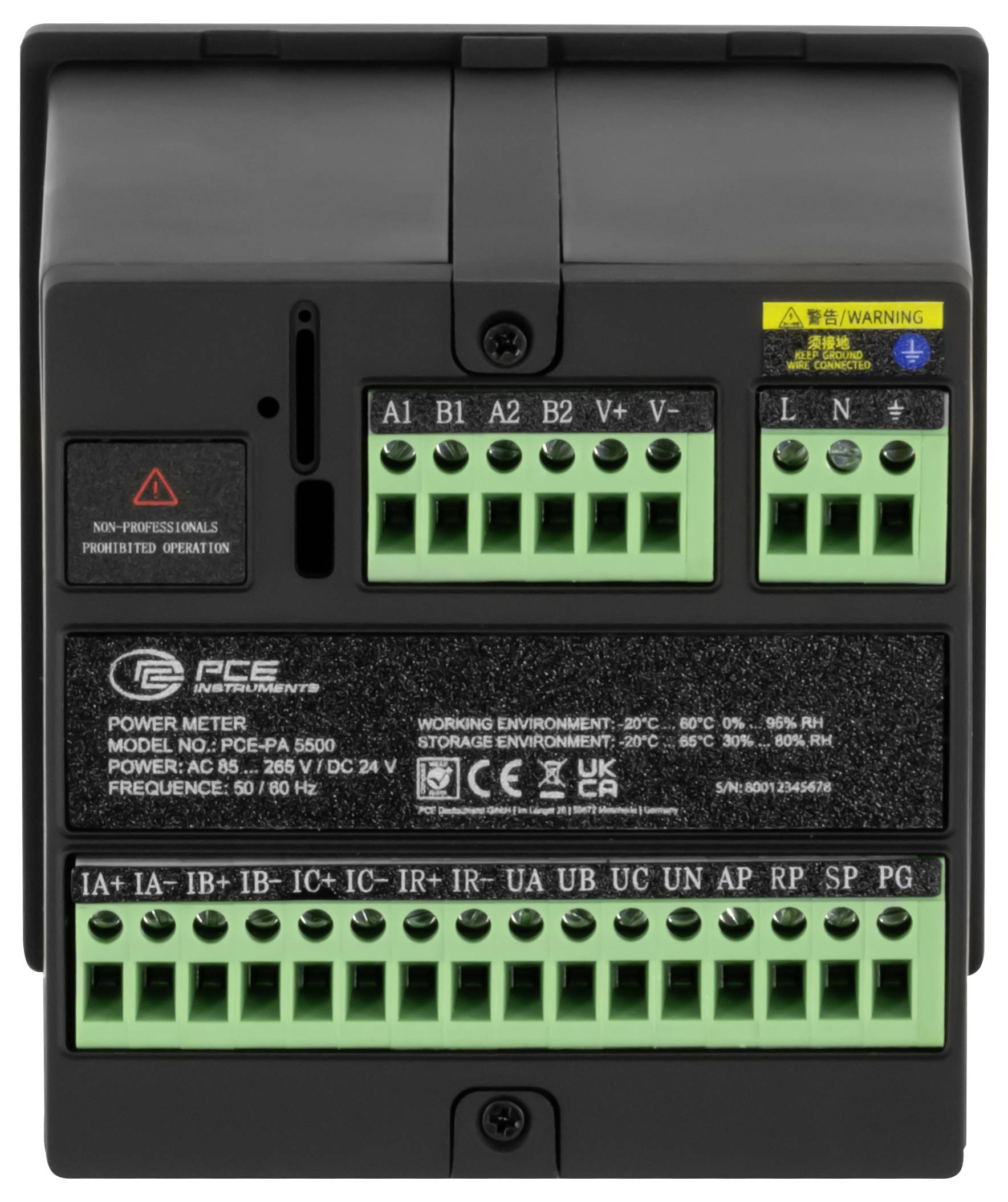 Vue arrière d'un compteur de puissance PCE avec des bornes à vis vertes étiquetées pour les connexions de commande et d'alimentation.