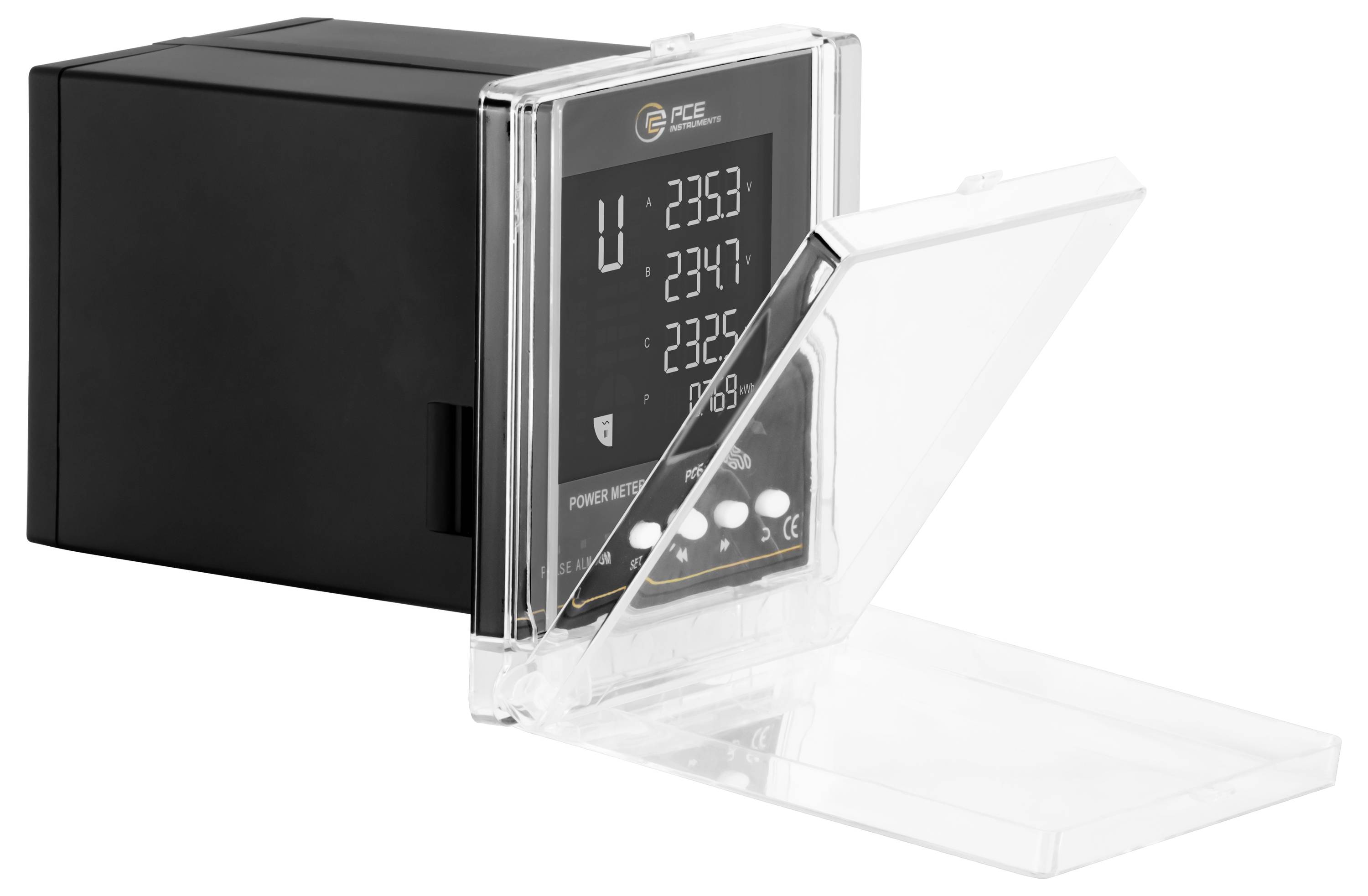 Appareil électronique noir avec un couvercle transparent à charnière ouvert, montrant un écran numérique et des boutons de contrôle sur le devant.