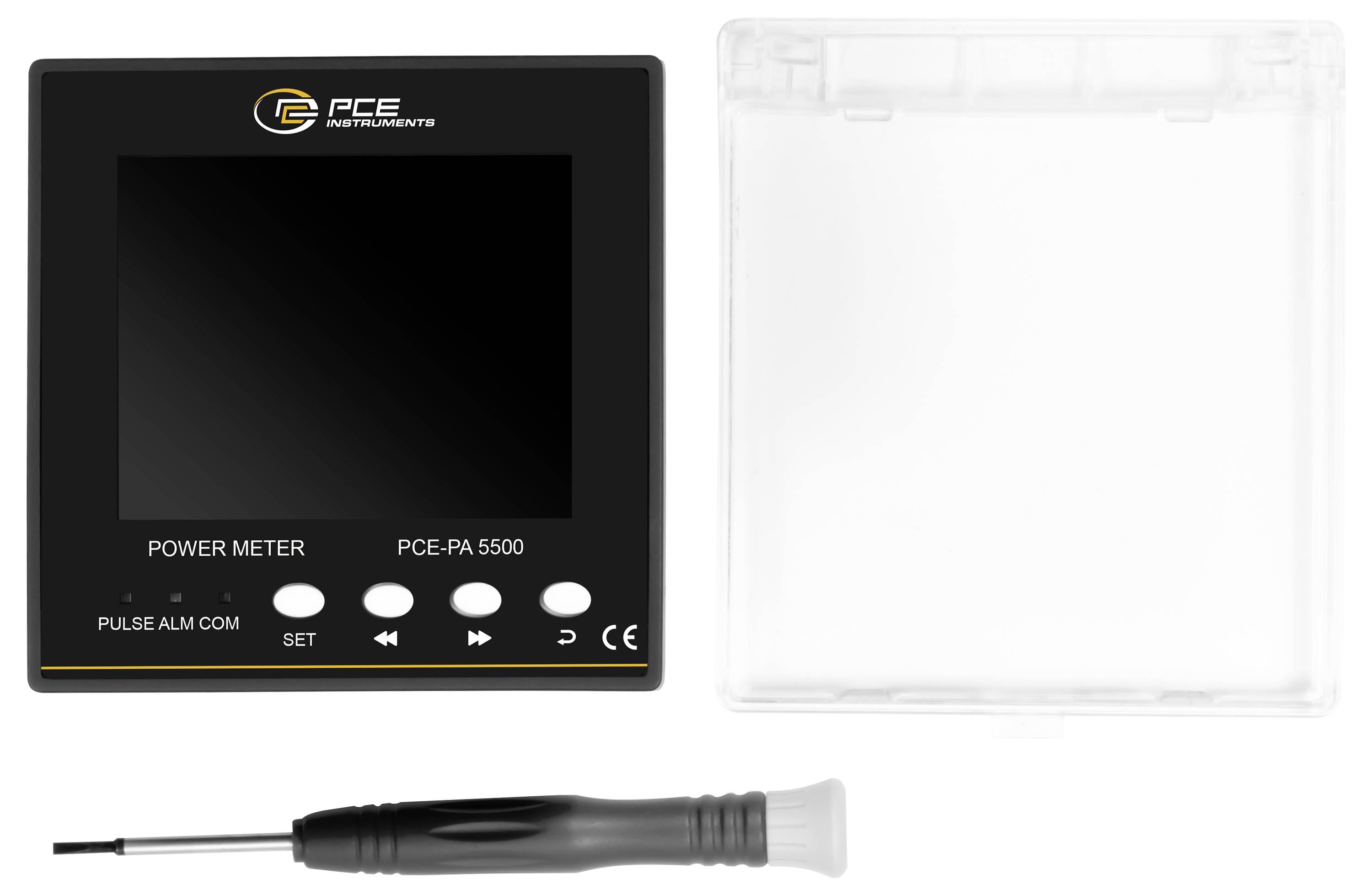 Appareil de mesure de puissance PCE Instruments avec écran vierge, boîtier de protection transparent et câble de sonde accessoire montré sur fond blanc.
