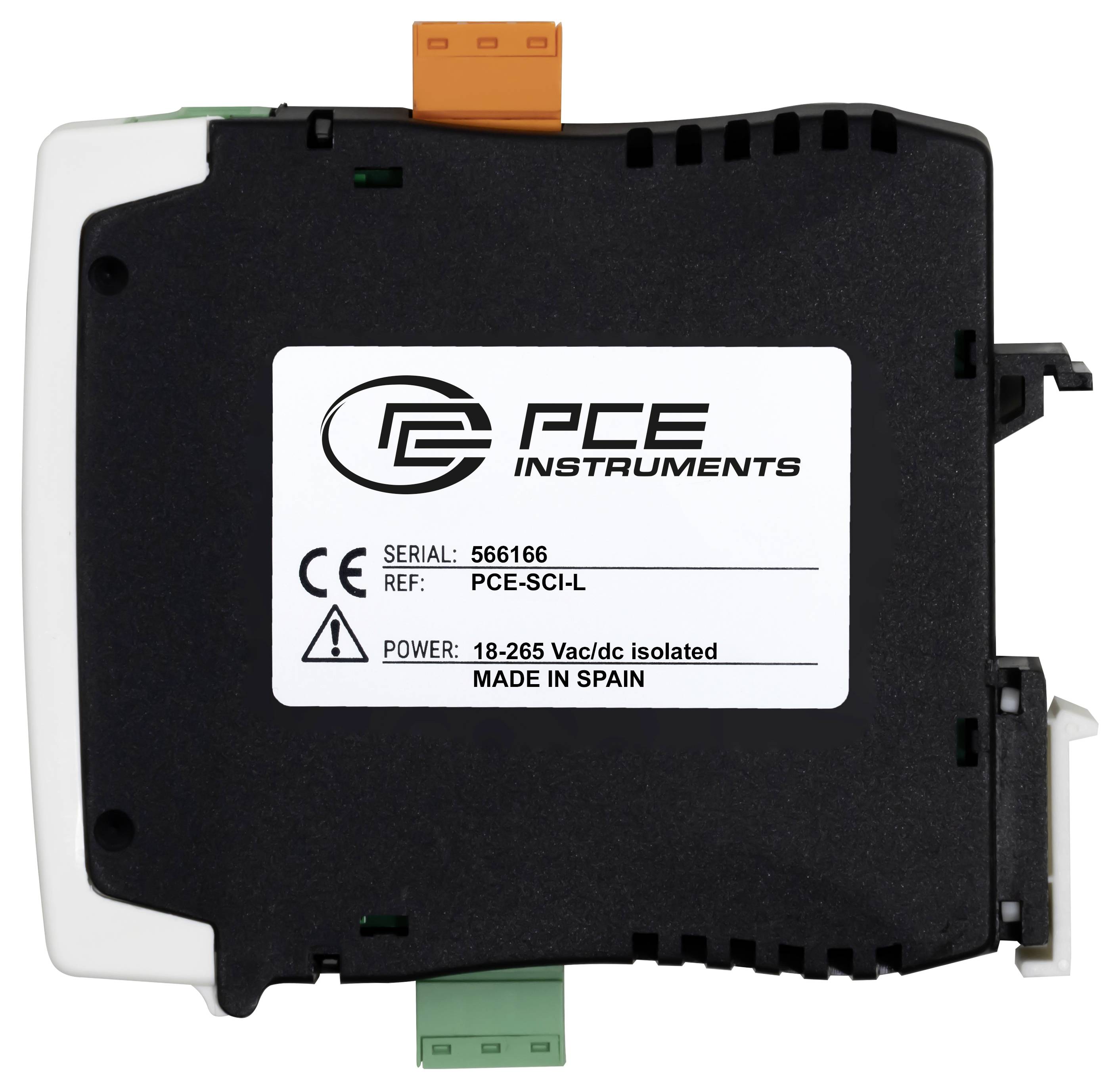 Module industriel PCE Instruments étiqueté « PCE-SCI-L » avec numéro de série 566166, marquage CE et tension nominale 18-265 Vac/cc isolée, fabriqué en Espagne.