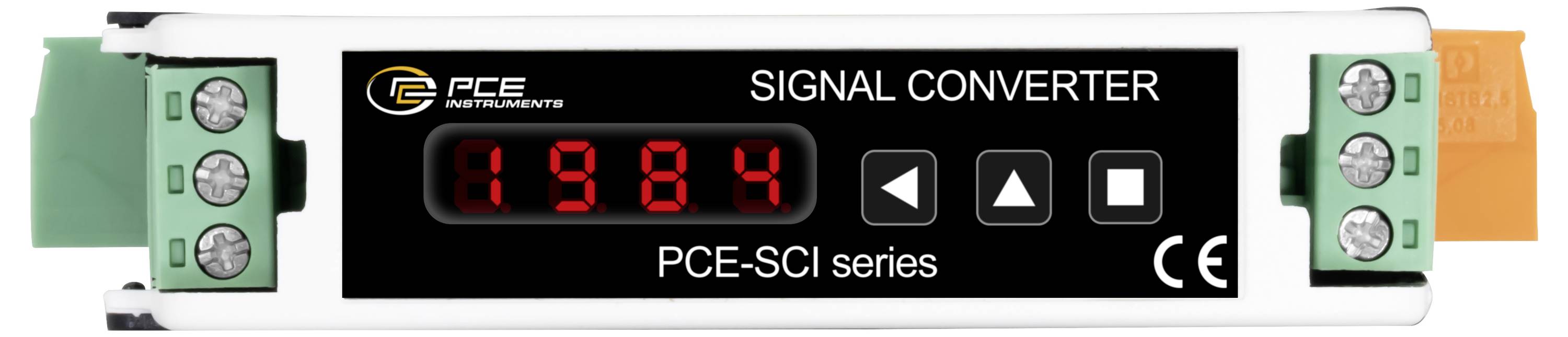 Affichage du convertisseur de signal numérique montrant un affichage numérique rouge de 19.84, avec trois boutons de commande et des connecteurs de borne verts/orange des deux côtés.