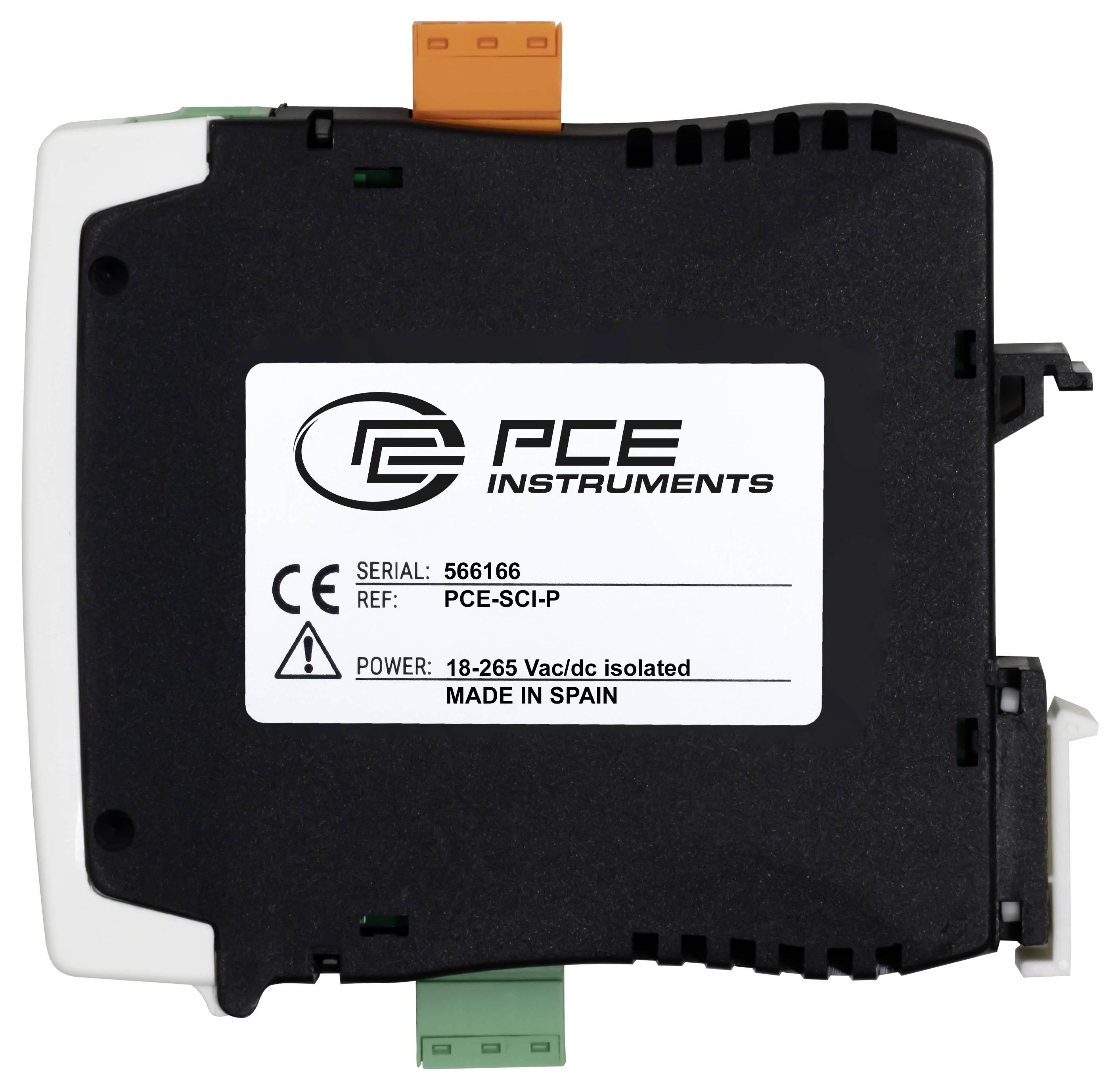 Module d'instruments PCE noir avec étiquette blanche montrant le numéro de série 566166, réf PCE-SCI-P, alimentation 18-265 Vac/cc isolée, fabriqué en Espagne