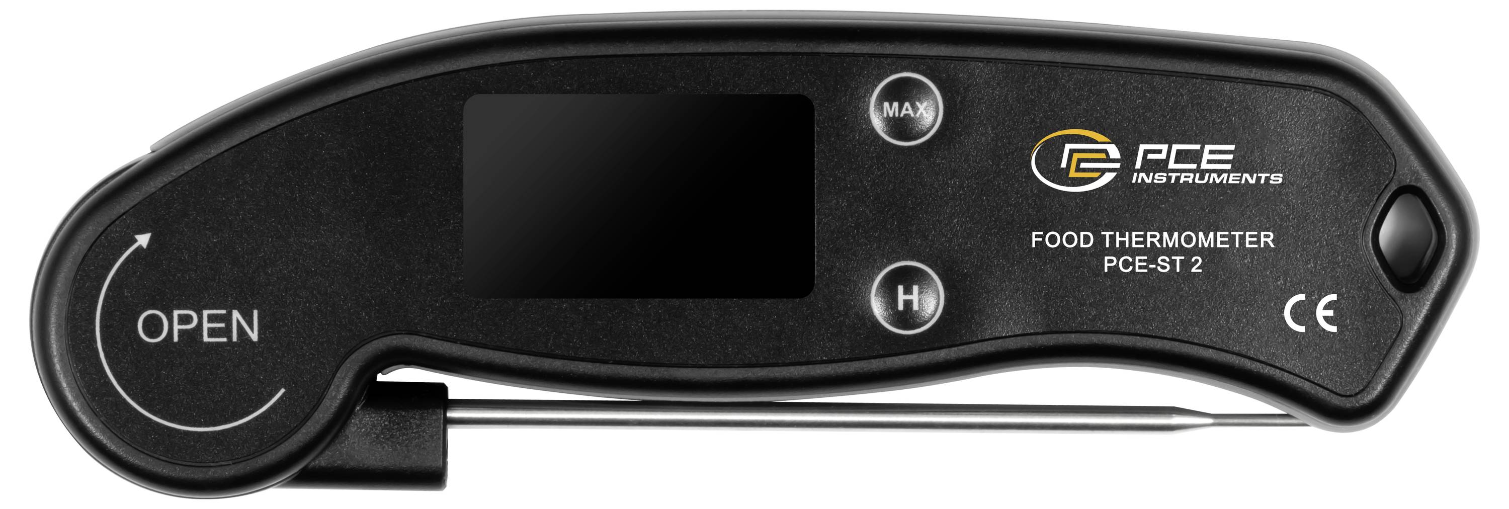 Thermomètre alimentaire PCE Instruments noir avec affichage numérique, bouton d'ouverture et marquage CE, présenté en vue latérale.