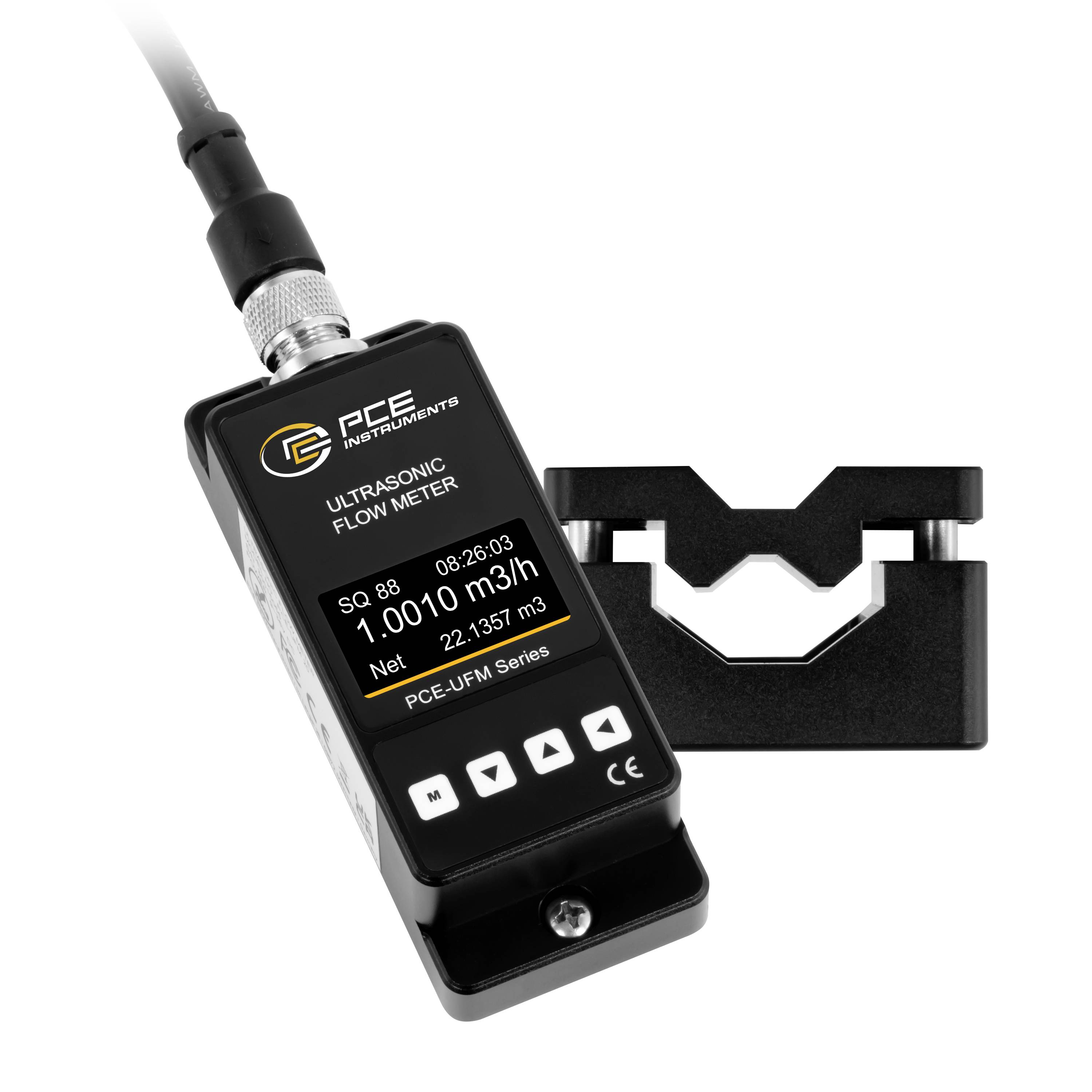 Débitmètre ultrasonique portable avec affichage indiquant 1.0010 m3/h, attaché à un capteur de pince de tuyau.