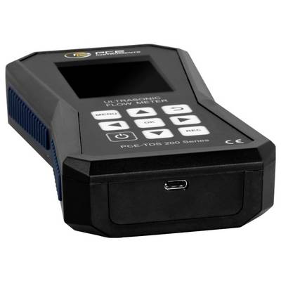 Appareil débitmètre à ultrasons avec affichage, boutons de contrôle et port USB-C frontal sur un boîtier noir.