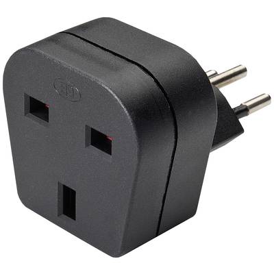 Adaptateur de prise noir avec deux contacts ronds pour prises européennes et une prise pour fiches britanniques.