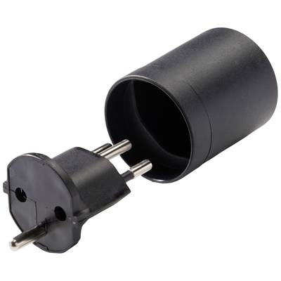 Adaptateur secteur noir à deux broches, adapté aux prises électriques européennes.