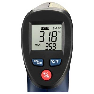 Thermomètre infrarouge portatif affichant 31,8°C sur l'écran, avec les lectures HOLD, ε=0,95 et MAX 35,9 visibles.