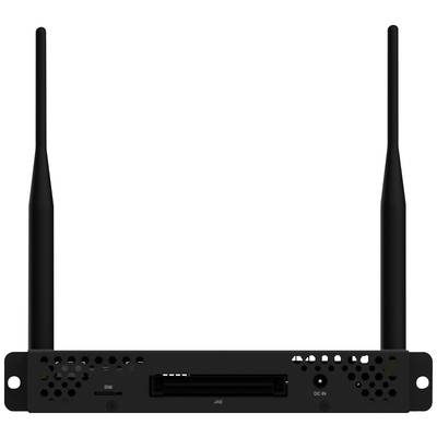 Un routeur noir avec deux antennes, un bouton marche/arrêt et des possibilités de connexion sur le devant. Adapté pour les connexions réseau.