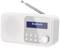 Un radio portable blanc avec fonction Bluetooth. Il dispose de haut-parleurs, d'un écran affichant le mode 'Bluetooth' et de boutons rotatifs.