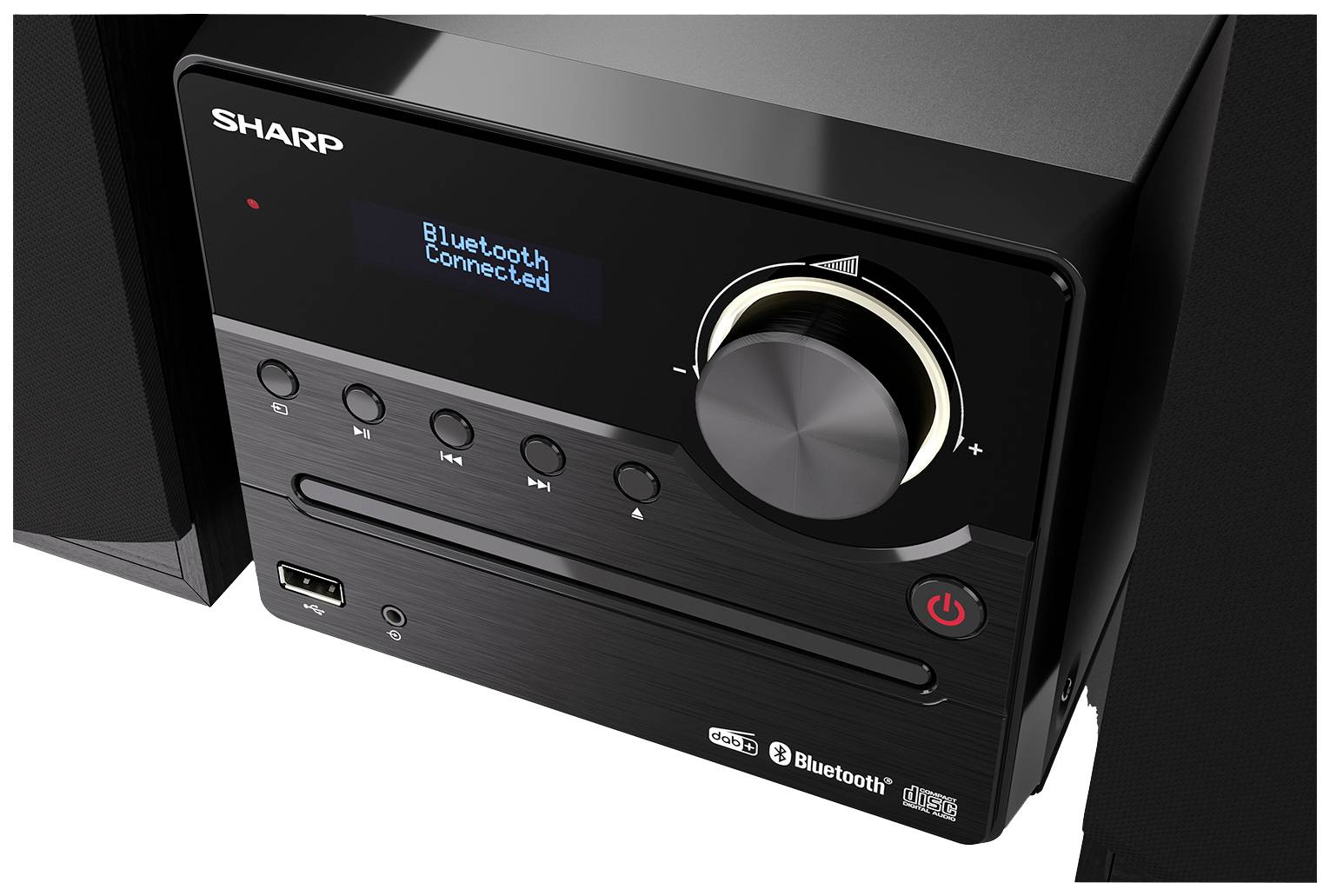 Un système audio noir affiche 'Bluetooth Connected' sur l'écran. Il dispose de touches, d'un bouton rotatif, d'un lecteur CD et d'un port USB.