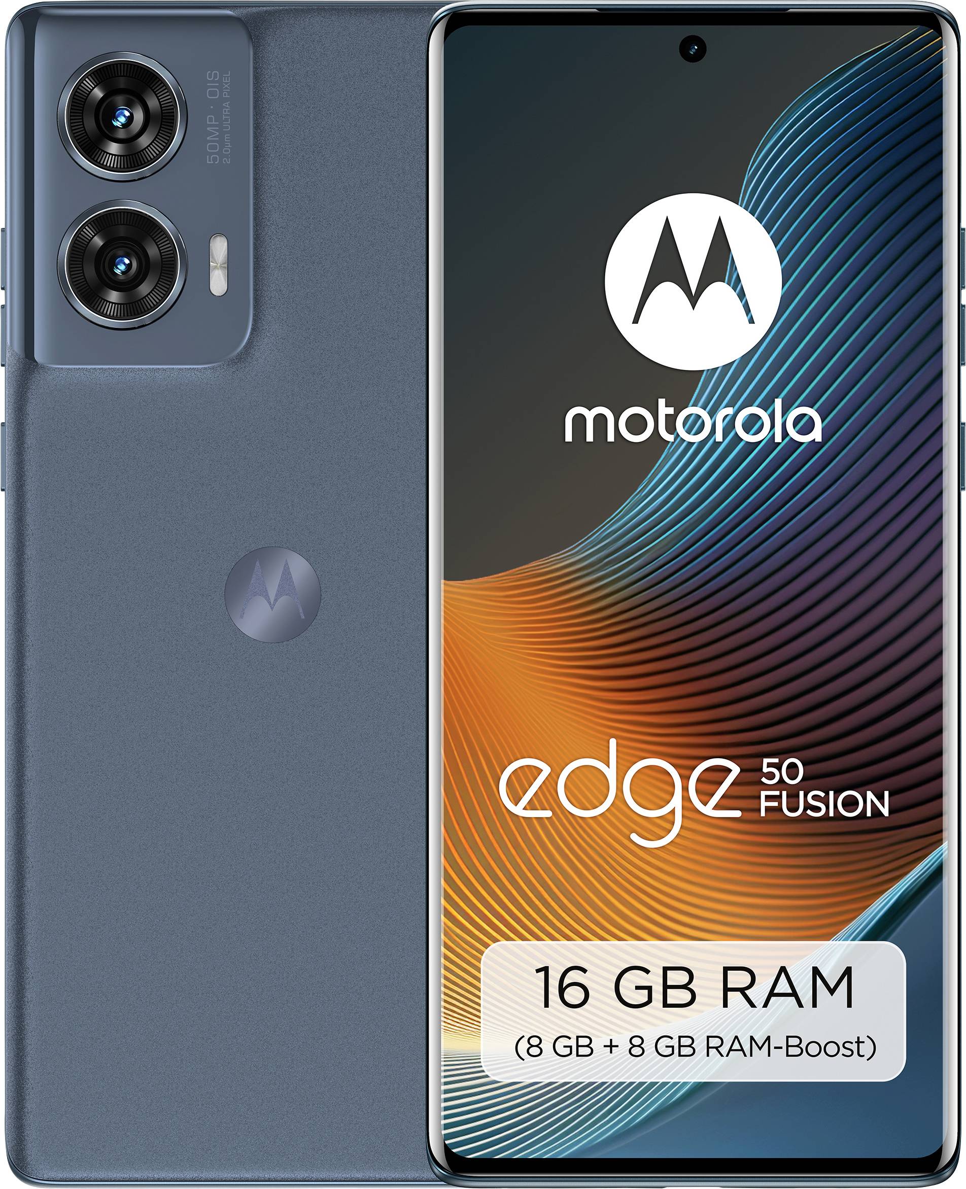 « Smartphone Motorola Edge 50 Fusion avec 16 GB de RAM présenté de face et de dos. L'écran avant affiche un design abstrait. »
