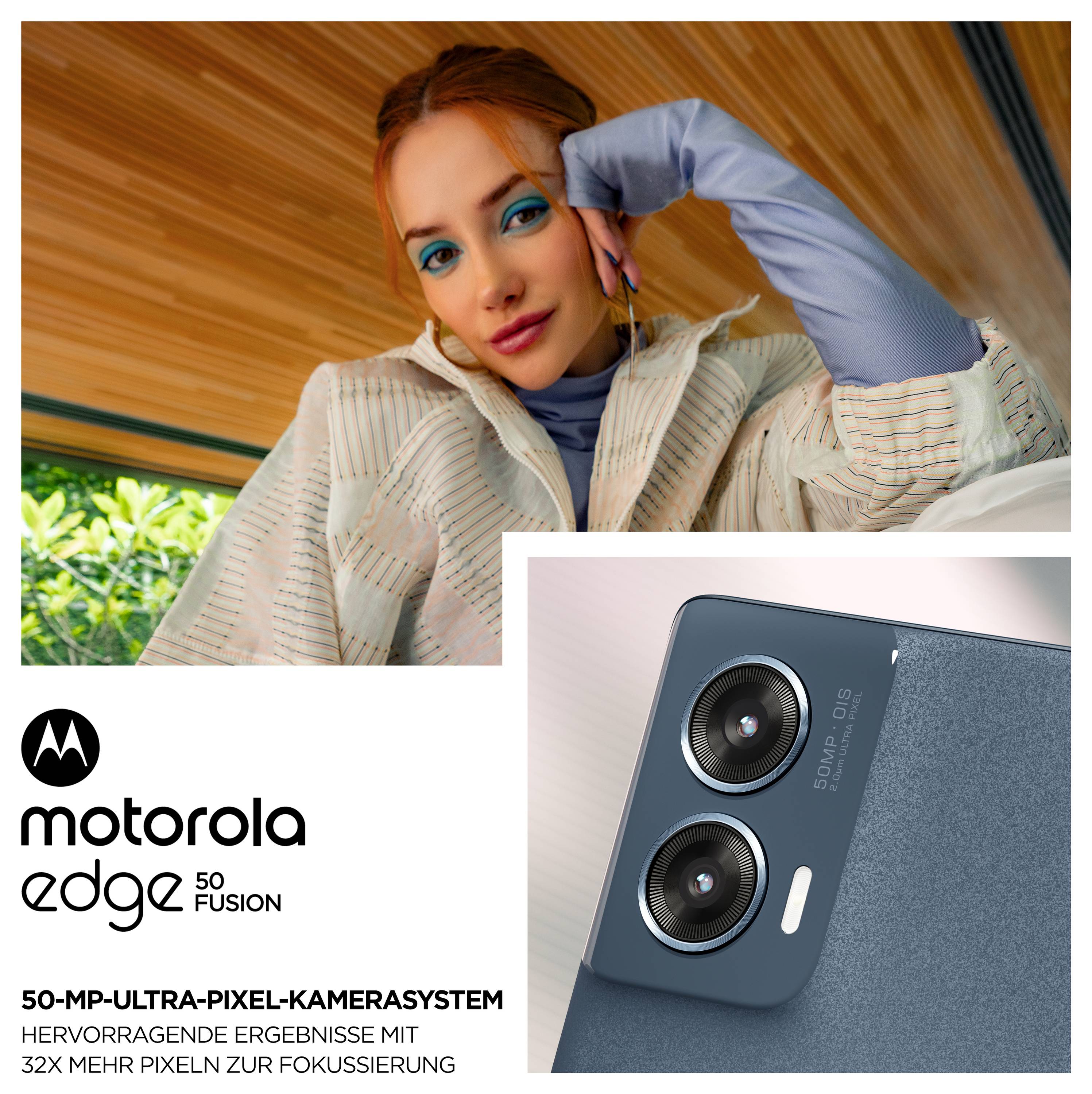 'Motorola Edge 50 Fusion', femme s'appuyant contre sa main, gros plan du téléphone portable avec double caméra représenté.