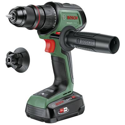 Visseuse-perceuse sans fil Bosch en vert et noir, avec poignée amovible. Le logo 'Bosch' et 'Advanced Impact 18' sont visibles.