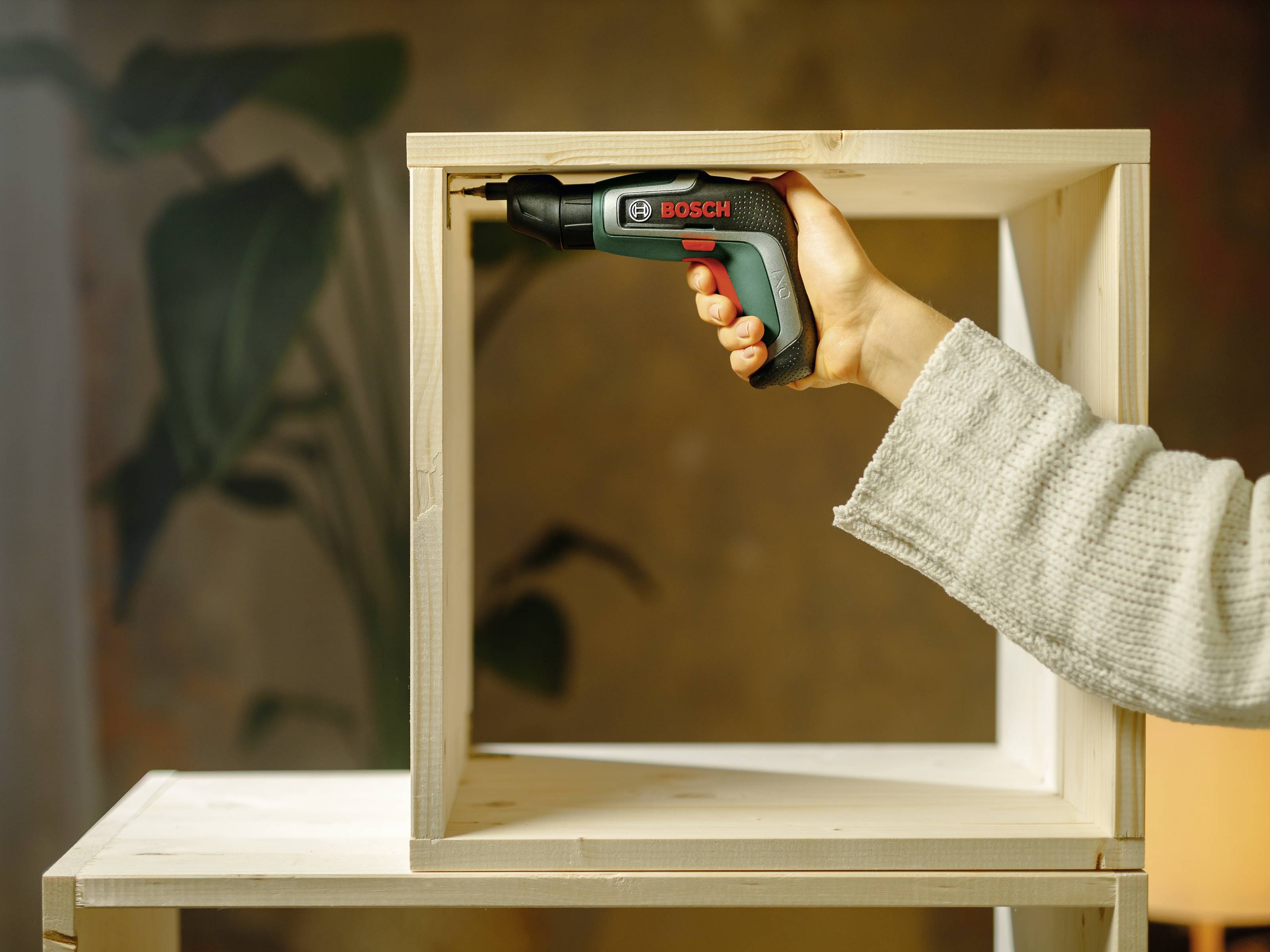 Une main tient une visseuse sans fil et fixe une étagère en bois. En arrière-plan, on distingue une plante floue.
