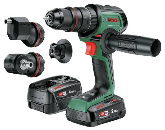 Un tournevis-perceuse sans fil Bosch vert et noir avec quatre embouts différents et deux batteries, l'une de 4,0 Ah et l'autre de 2,0 Ah.