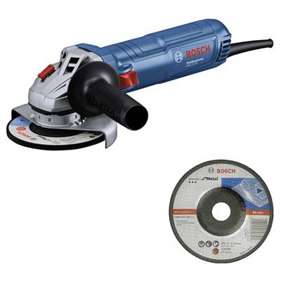 Outil électrique : Un meuleuse d'angle Bosch bleue avec une poignée noire, à côté d'un disque de meulage pour le travail du métal.