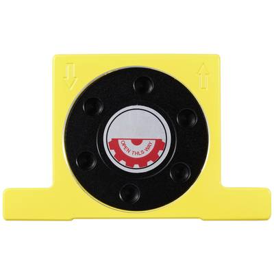 Appareil jaune avec des flèches, bouton central rotatif avec une roue dentée rouge et l'inscription 'OPEN THIS WAY', probablement un mécanisme de verrouillage.
