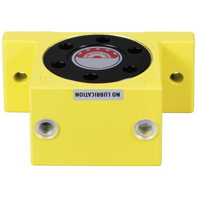 Pièce de machine jaune avec un dessus rond noir, portant le mot 'NO LUBRICATION' au-dessus. Deux trous de montage sur la face avant.