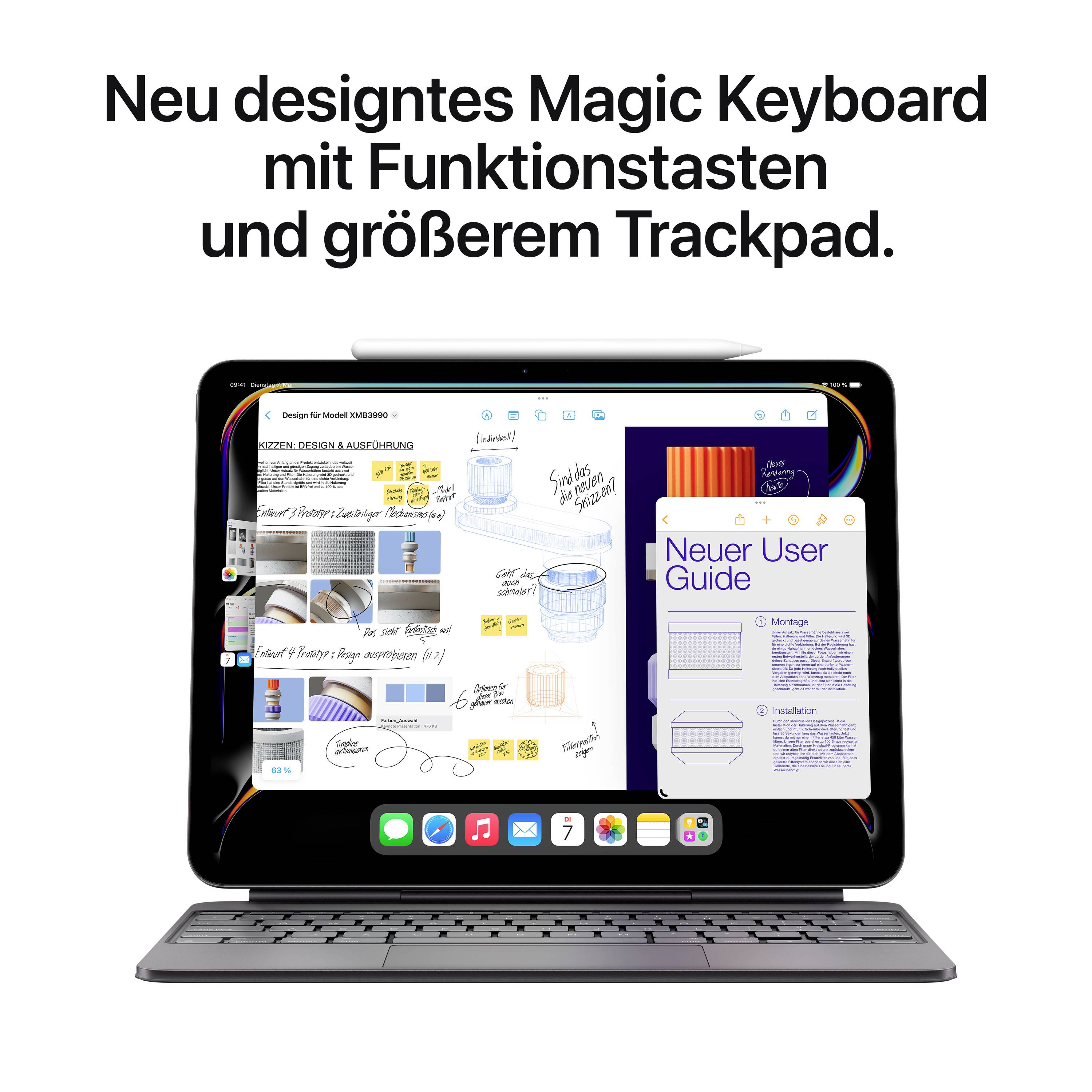 Une tablette avec une coque de clavier, sur laquelle un écran affiche des esquisses et du texte. En haut, il est écrit « Nouveau clavier Magic redessiné avec touches de fonction et grand trackpad ».