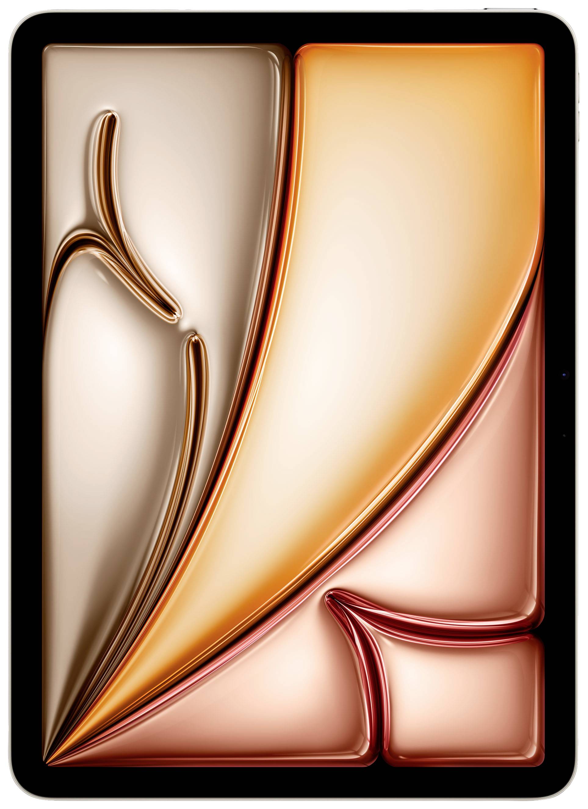 Art abstrait sur une tablette rectangulaire. Des formes fluides et courbes en tons de brun et d'orange se fondent les unes dans les autres.