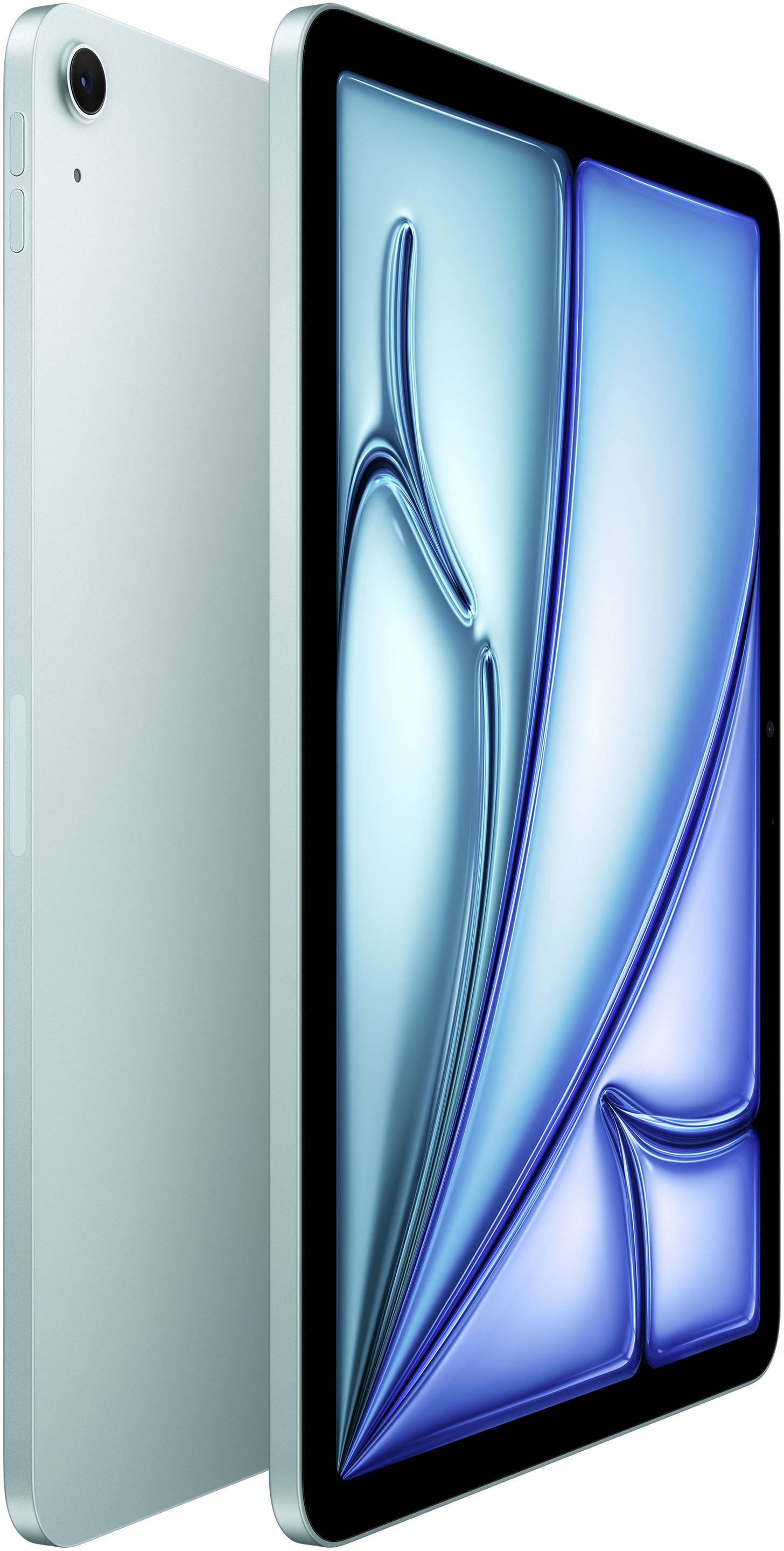 Une tablette moderne vue de côté et de face, avec un écran bleu vif et un design élégant et minimaliste.