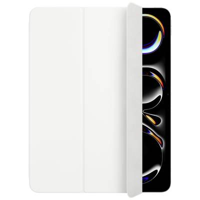 Un smartphone avec un étui blanc à moitié ouvert. L'écran affiche des motifs abstraits colorés sur un fond noir.