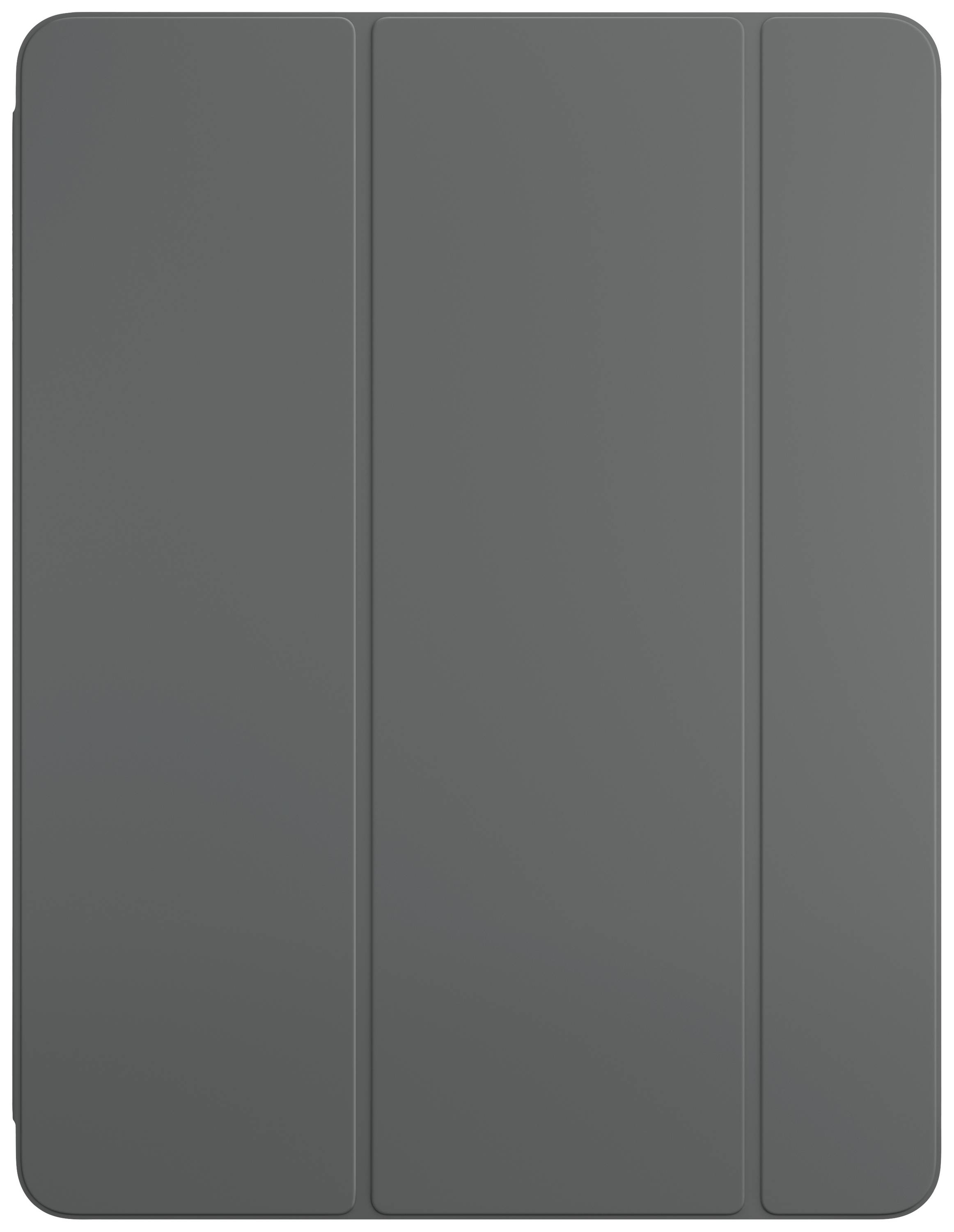 Étui de tablette gris en position fermée. Il est composé de trois segments de largeur égale.