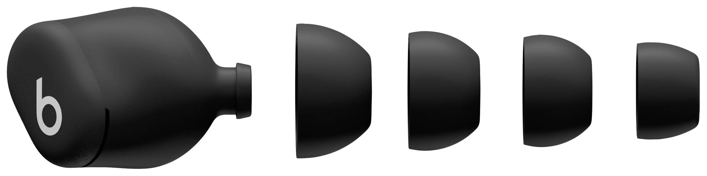 Écouteurs intra-auriculaires noirs avec différents embouts en silicone interchangeables, allant de la taille petite à grande.