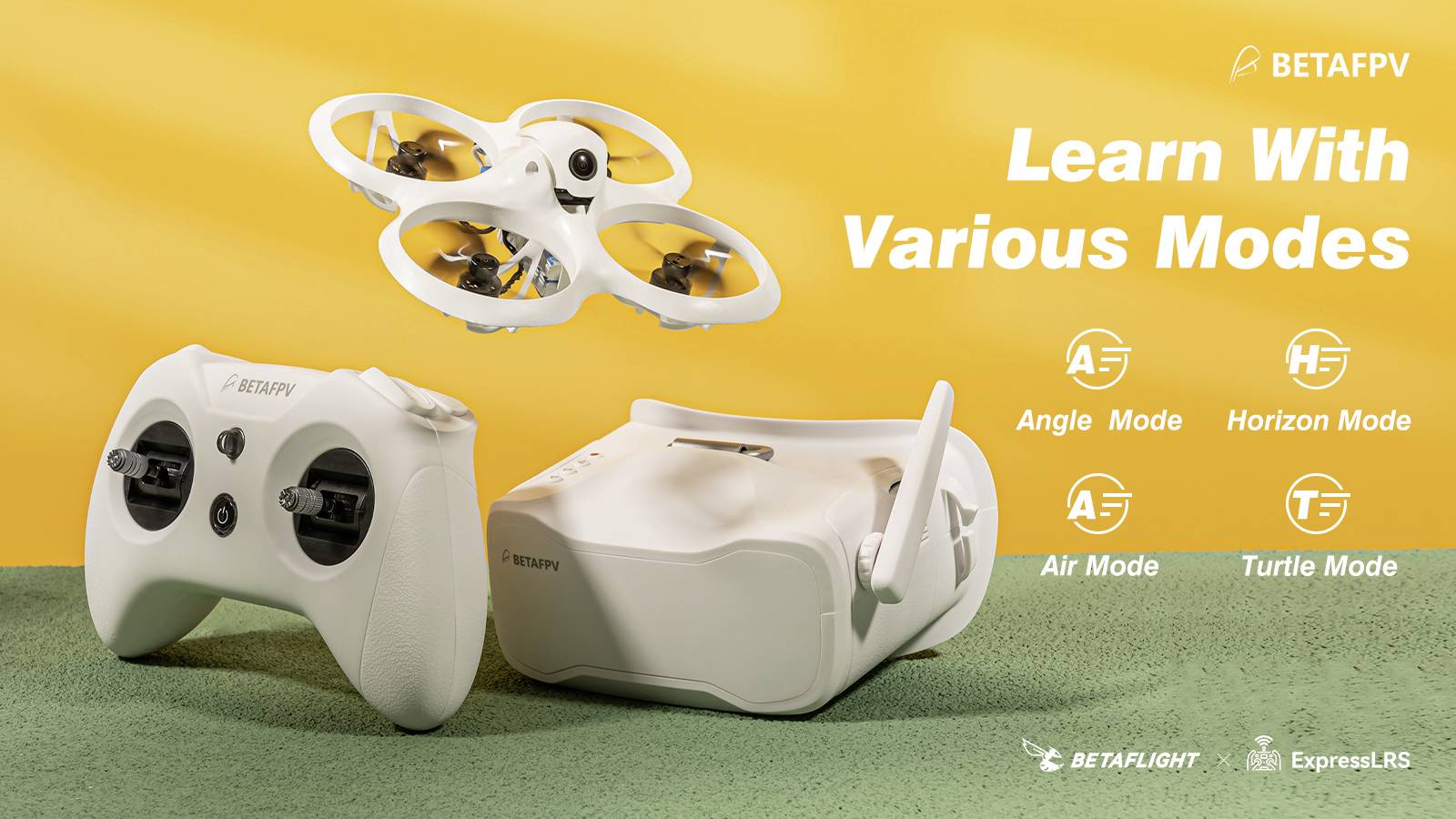 Un ensemble de drone avec télécommande et lunettes VR sur un fond vert. Texte : 'Apprendre avec différents modes'. Modes : Angle, Horizon, Air, Tortue.