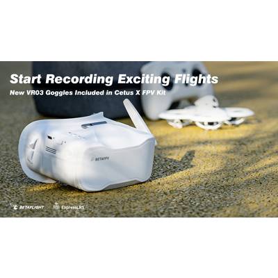 Sur une table sont posés des lunettes VR03 et un drone. Texte : « Commencez à enregistrer des vols passionnants. Lunettes VR03 incluses dans le kit Cetus X FPV ».