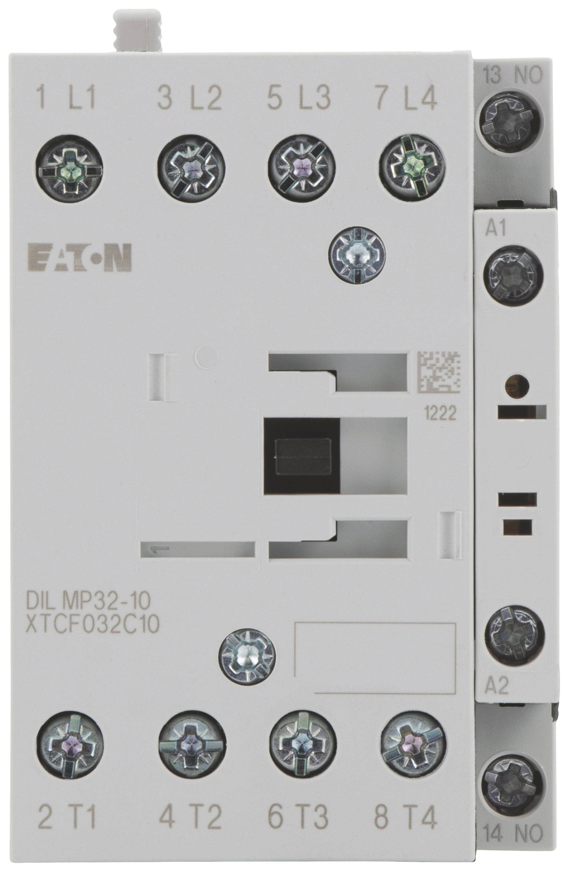 Appareil de marque Eaton avec étiquettes L1, L2, L3, L4 en haut et désignations T1, T2, T3, T4 en bas. Modèle DIL MP32-10.