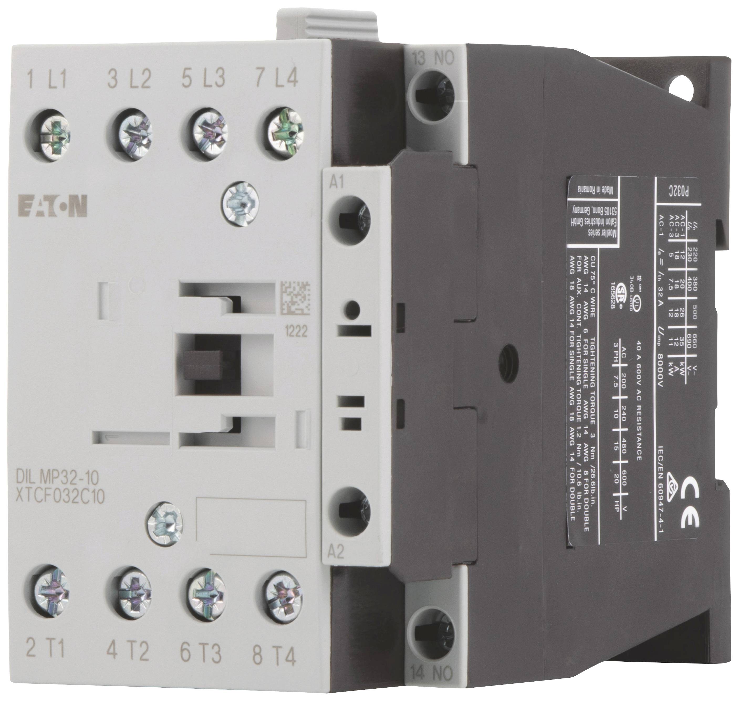'Un contacteur Eaton, modèle DIL MP32-10, avec des connexions en haut et en bas et des étiquettes sur le côté, destiné à la commande de circuits électriques.'