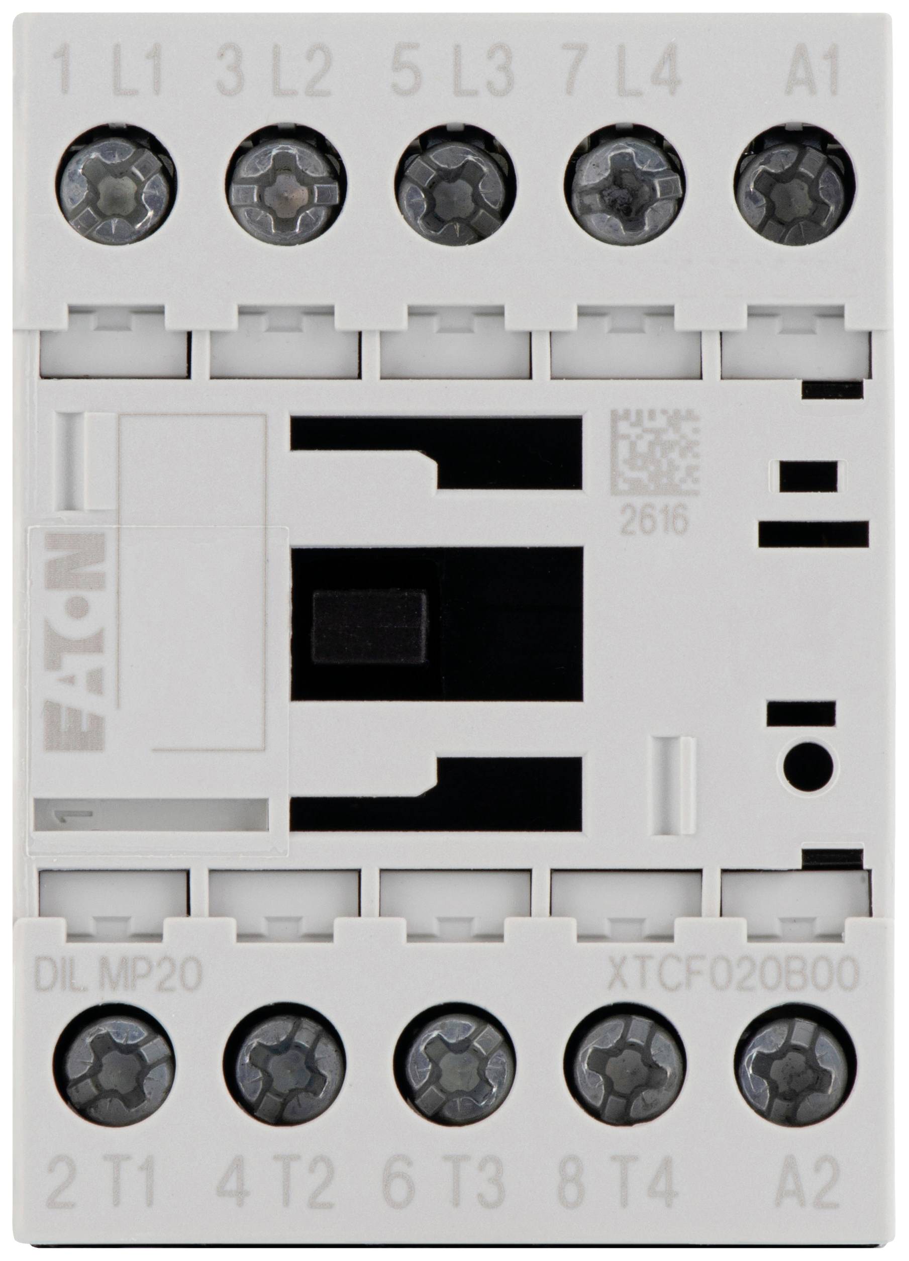 Un composant électrique avec plusieurs bornes de connexion et un interrupteur au centre. Inscription : 'Eaton'.