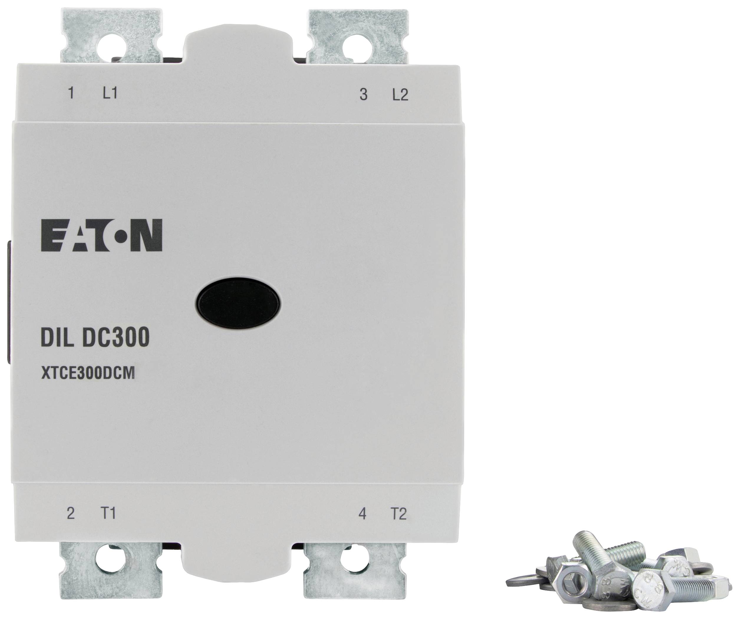 Un composant électrique blanc portant l'inscription 'Eaton DIL DC300 XTC E300DCM', à côté duquel se trouvent quelques vis.