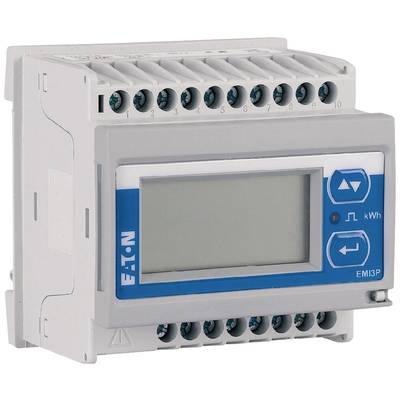 Un compteur d'énergie numérique avec écran LCD, dix bornes de connexion vertes en haut, touches de commande à droite, affichant la consommation électrique en kWh.
