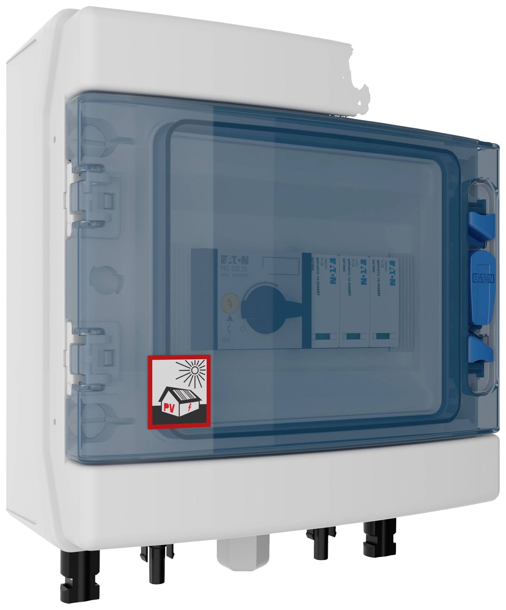 Un boîtier de commutation blanc et bleu avec un couvercle frontal transparent et un symbole d'installation photovoltaïque. Contient des disjoncteurs.