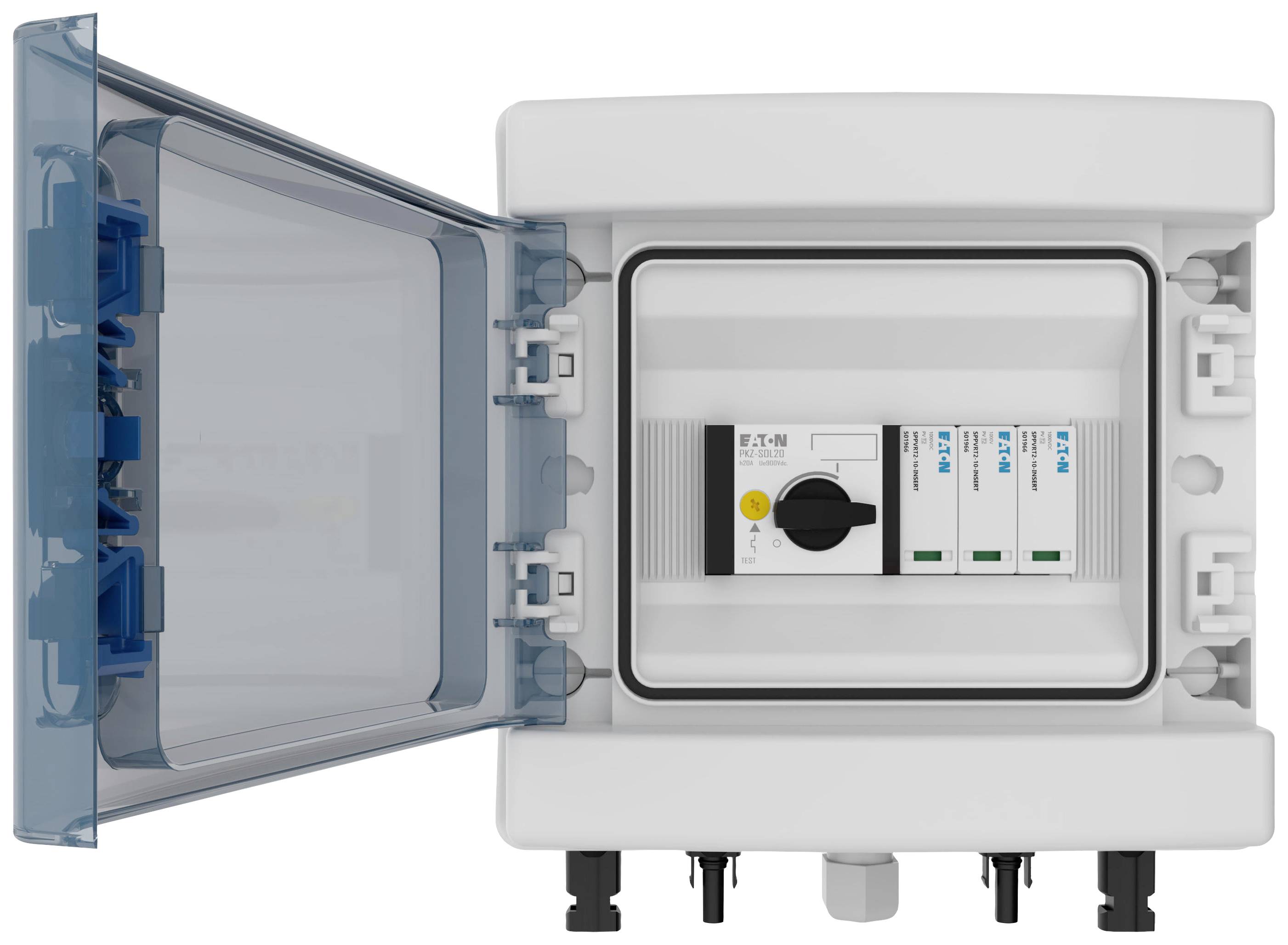 Boîtier de coffret électrique ouvert avec fusibles et interrupteurs intégrés ; panneau frontal transparent révélant l'intérieur.