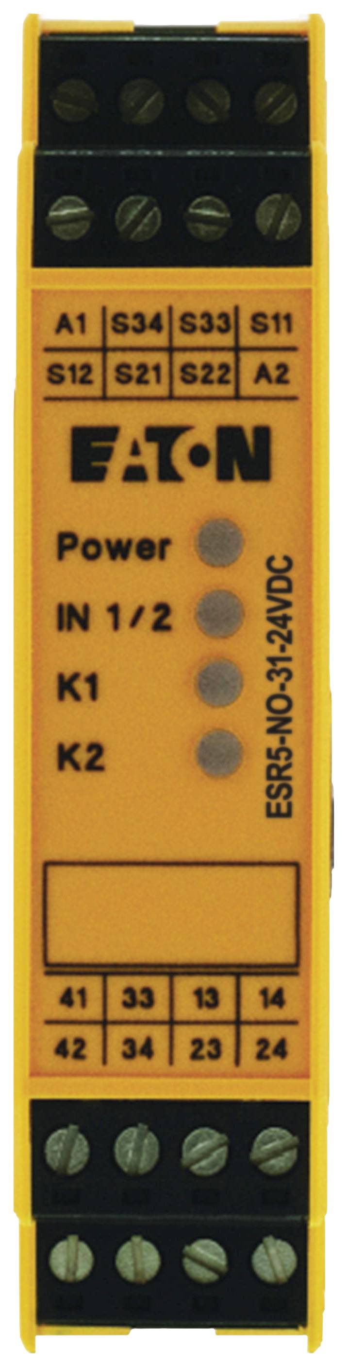 Relais de sécurité jaune Eaton avec bornes de connexion, LED pour 'Power', 'IN 1/2', 'K1', 'K2', et l'étiquette 'ESR5-NO-31-24VAC/DC'.