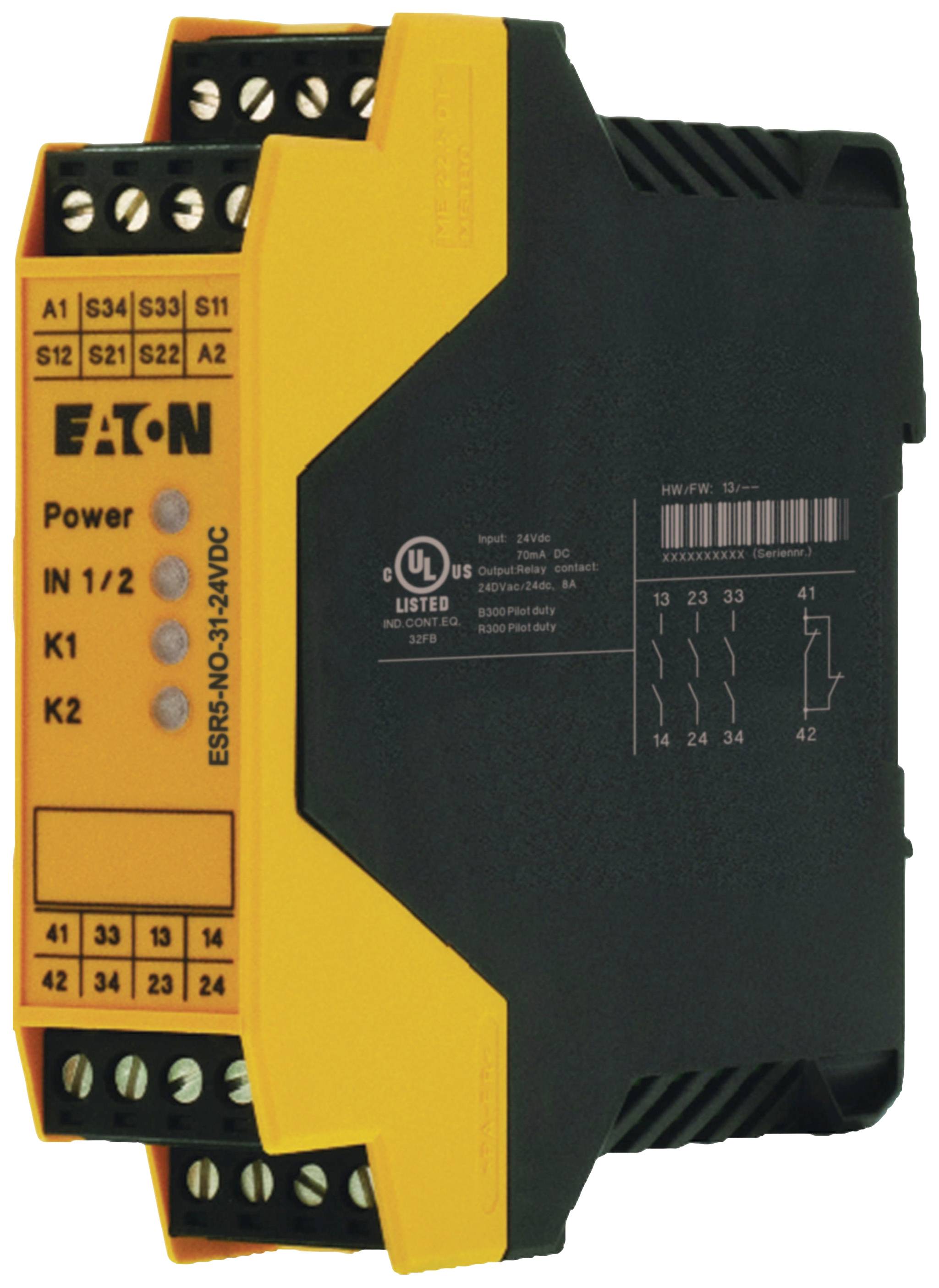 Module de sécurité électrique d'Eaton avec plusieurs bornes de connexion pour le contrôle de processus industriels, coloré en jaune et noir.