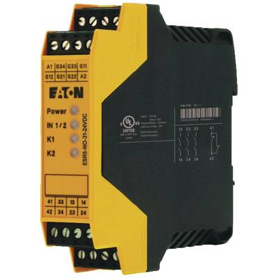 Module de sécurité électrique d'Eaton avec plusieurs bornes de connexion pour le contrôle de processus industriels, coloré en jaune et noir.