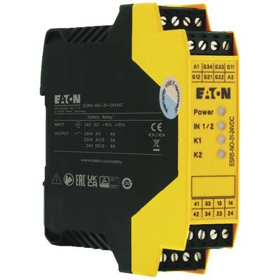 Un relais de sécurité Eaton, modèle ESR5-NO-31-24VDC, présente les spécifications d'entrée et de sortie ainsi que les connexions sur les côtés.