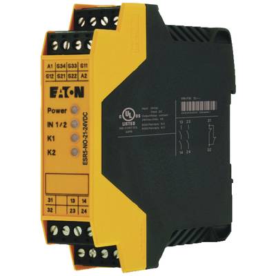 Un relais de sécurité électrique noir et jaune d'Eaton, modèle ESR5-NO-21-24VAC-DC, avec plusieurs bornes de connexion en haut et en bas.